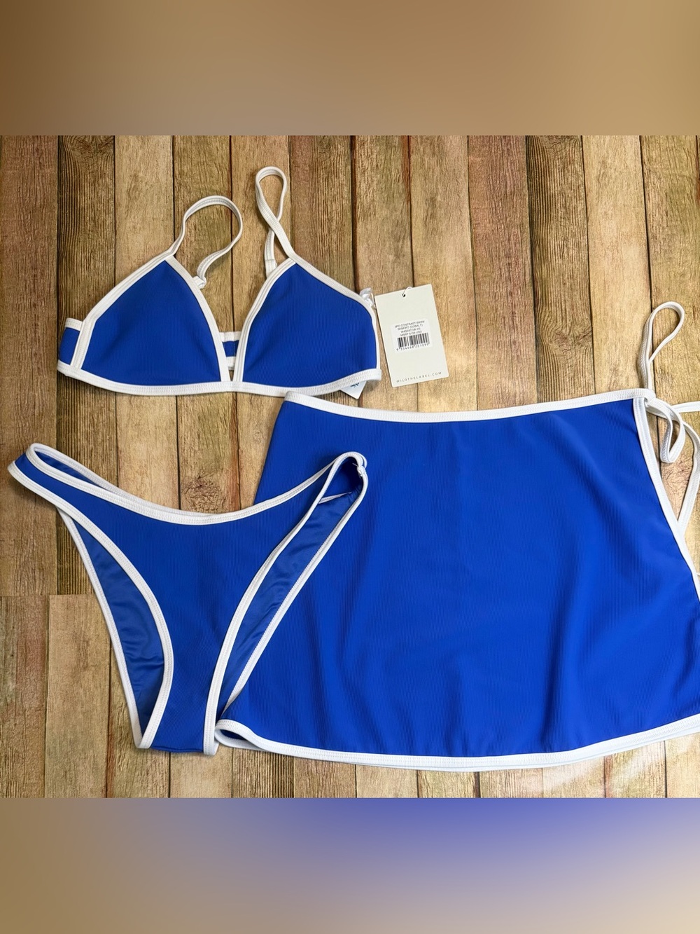 Royal Blue Contrast-Trim Three-Piece Bikini Set with Swim Skirt